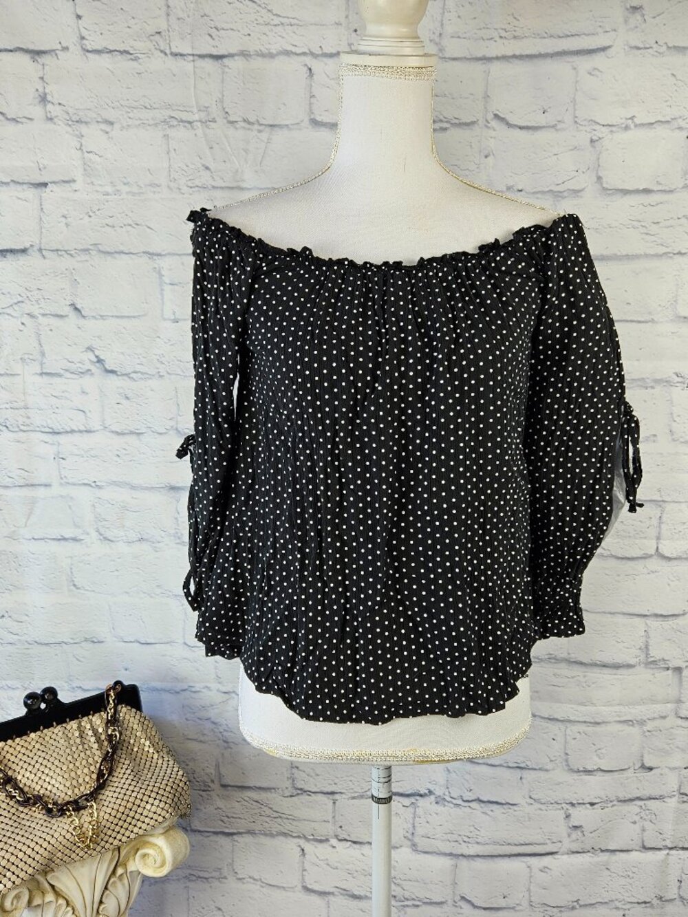 American Eagle Size S Black Polka Dot Cold Off-Shoulder Ruffle Sleeve Top Blouse